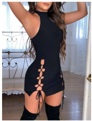 Black Lace-Up Mini Club Dress